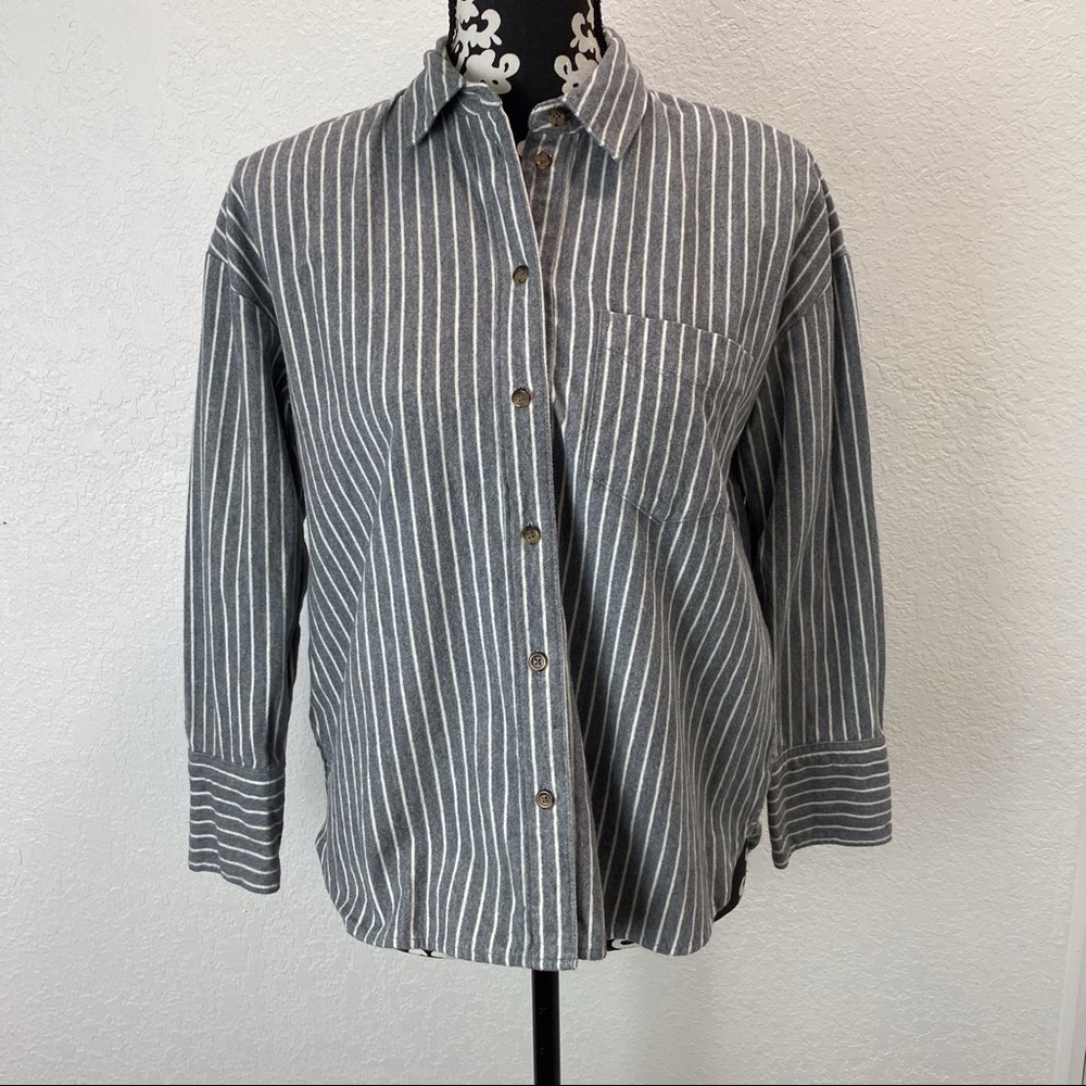Madewell Westward Gray White Stripe Flannel Long Sleeve Button Front Shirt - Picture 11 of 12